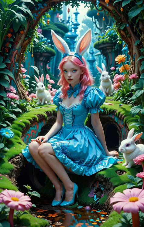 imagine, dream of,  cinematic photo vaporwave style WLOP, One Color, James Jean, Fairy-Tale, buff (alice in wonderland following the rabbit down a hole full of miraculous wonders and a bunch of girls:1.1) Mind reader, 🤔, Boris Vallejo, Tristan Eaton, Pastels artwork, Tanya Shatseva, A stunning piece of art captures Alice in Wonderland's iconic scene where she follows a rabbit into a magical world filled with wonder and whimsy. The artist James Jean brings his unique style to this classic fairy-tale story, using vibrant colors and intricate details to create a capt . retro aesthetic, cyberpunk, vibrant, neon colors, vintage 80s and 90s style, highly detailed . 35mm photograph, film, bokeh, professional, 4k, highly detailed