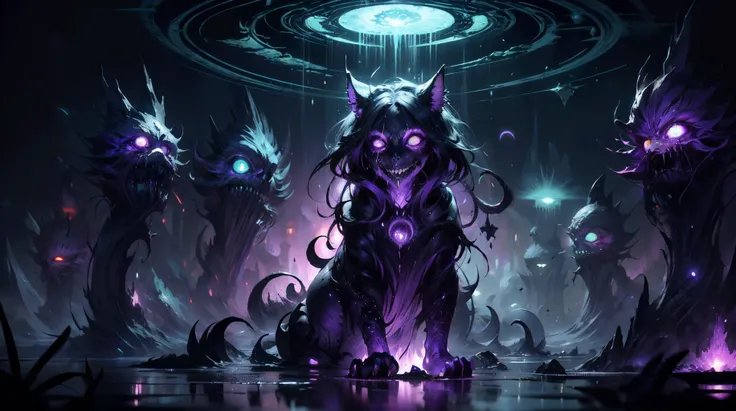 (masterpiece, best quality, fullscreen), [(full body:0.1)::0.1] (photo of a decaying [magical being:creature:0.2]:1.5), (Baroque Feline body with Angular head and with one Four-Fingered Hands:1.2) , (green and purple Diseased Skin texture:1.3), (Consumed Symbols and Taint and Stains and Slimy hairs and Consumed Eyes and Dissolving Features and Vicious smile and shadowy tendrils:1.4), (Dark Purple Aura:1.3), (Disgusting appearance overall:1.4), (extensive purple gl0w1ngR runes on the body:1.2) <lora:EFFECT gl0w1ngR3Civit: 0.2>, (looking at the viewer:1.3), (Hands behind back, suggesting confidence or restraint posture:1.1), (dark [sick green, purple] Lagoon background:1.4), <lora:EFFECT Gloomifier_TheDread_V1_LECO:0.2>, (<lora:EFFECT WorldofLace:0.3[0.4[0.5> purple worldoflace), <lora:MONSTER kUglyCreaturesV2:0.1> U61yCre4ture, <lora:LIGHT epi_noiseoffset2:0.5>, <lora:QUALITY add_detail:0.4>, (Full body Shot, Shallow Focus Shot, Low Angle Shot:[1.2:0.5:0.1]), heavily detailed, (asymmetric composition:1.6), (sharp focus), <lora:EFFECT Magic card fakemtg_label:1> fakemtg, extremely detailed, artstation, 8k