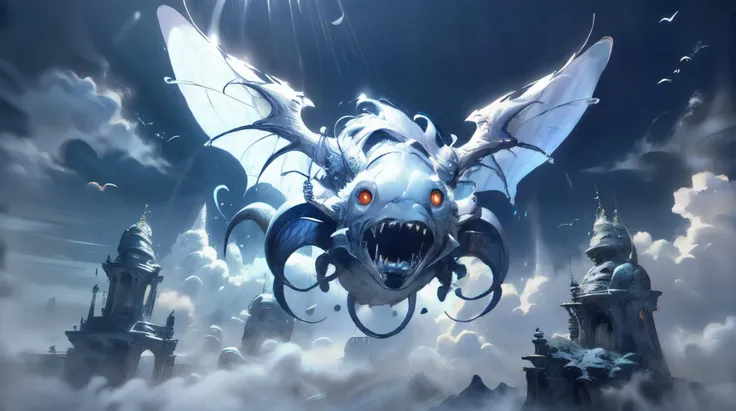 (masterpiece, best quality, fullscreen), [(full body:0.1)::0.3] (photo of a Unearthly [cloud, air] [magical being:creature:0.6]:1.1), (Victorian Segmented body with Cephalopod head and with one Digitigrade Appendages:1), (Haunting:0.9), (Wyvern Wings:1.2), (three Compact eyes:1.2), (very long white hair:[1.1:0.1:0.2]), (strong wind visible through ink cloud Flowing :1.2), (look at the viewer), (background representing Subalpine Zone and Cliff:1.4), (Ultramarine Blue Blue Hour Light:1.1), <lora:EFFECT WorldofMist:0.5> worldofmist, <lora:EFFECT Cloudify:0.4>, <lora:MONSTER Creature:0.5> creature, <lora:QUALITY kkw-better-v1.0a:1>, <lora:LIGHT epi_noiseoffset2:0.5>, <lora:QUALITY add_detail:0.5>, (Full body Shot, Shallow Focus Shot, Low Angle Shot:[1.2:0.5:0.1]), heavily detailed, (asymmetric composition:1.5), (sharp focus), <lora:EFFECT Magic card fakemtg_label:1> fakemtg, extremely detailed, 4k trending on ArtStation, UHD realistic render, 3d shading, cinematic lighting, metallic gems, iridescent, glowing, hyperrealistic