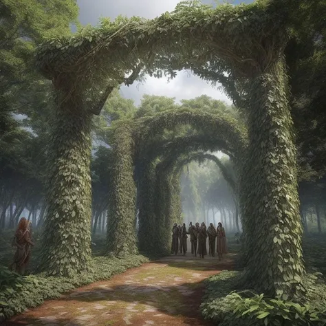 <lora:fakemtg_labels:1.0>, fakemtg, The image shows a group of people standing around an archway made out of trees and vines, with leaves hanging from them. The sky is blue and cloudy, while the ground below appears to be covered in greenery.