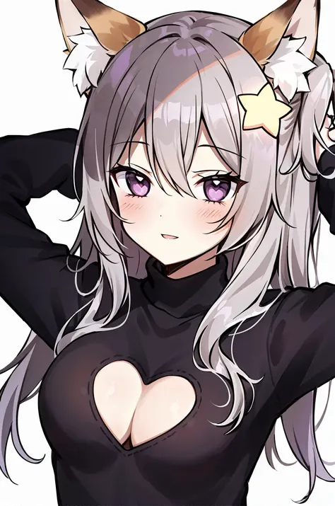 annytf, 1girl, portrait, upper body, animal ear fluff, animal ears, arms behind head, black sweater, blush, purple eyes, grey hair, cleavage cutout, clothing cutout, fox ears, fox girl, hair ornament, heart cutout, long hair, long sleeves, looking at viewer, medium breasts, one side up, parted lips, smile, solo, star \(symbol\), star hair ornament, turtleneck, turtleneck sweater, virtual youtuber, <lora:annytf_offset:1>