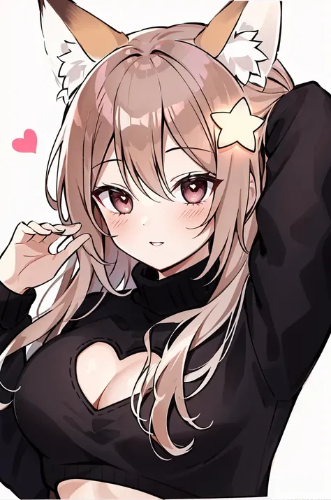 annytf, 1girl, portrait, upper body, animal ear fluff, animal ears, arms behind head, black sweater, blush, brown eyes, brown hair, cleavage cutout, clothing cutout, cropped sweater, fox ears, fox girl, hair ornament, heart cutout, long hair, long sleeves, looking at viewer, medium breasts,  one side up, parted lips, smile, solo, star \(symbol\), star hair ornament, turtleneck, turtleneck sweater, virtual youtuber,  <lora:annytf_offset:1>