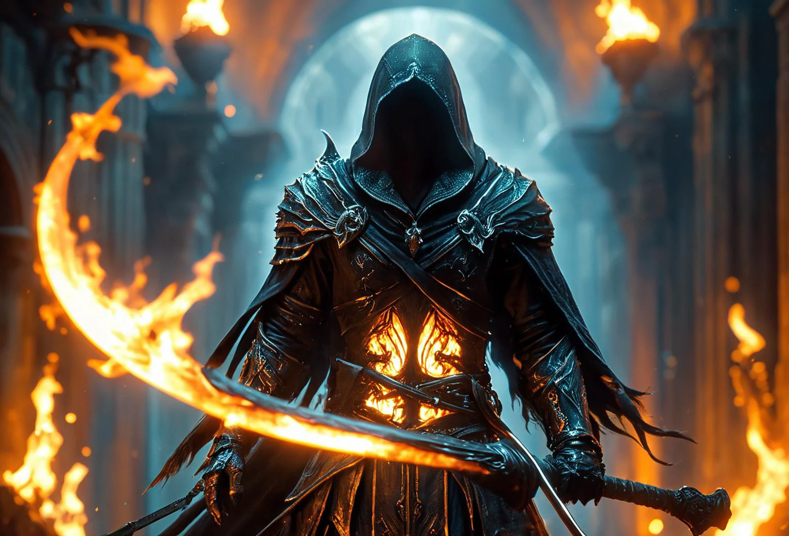 amazing quality, masterpiece, best quality, hyper detailed, ultra detailed, UHD, perfect anatomy, blurry background, flame environment, hall, biogas, night, Assassin's Creed,
Carrying Death Scythe, armor, (holding Death Scythe:1.3), arm up,( faceless:1.3), mystery, phantom, broadsword,
ghost, shadow, evil, nothingness, transparent body, cloak with hat, lighting self,
<lora:HKStyle:0.75>, HKStyle,
<lora:add-detail-xl:0.85>,
<lora:quality1:0.75>,
<lora:extremely_detailed:0.65>, extremely detailed,
<lora:ral-blacklight-sdxl:0.65>, ral-blacklight,