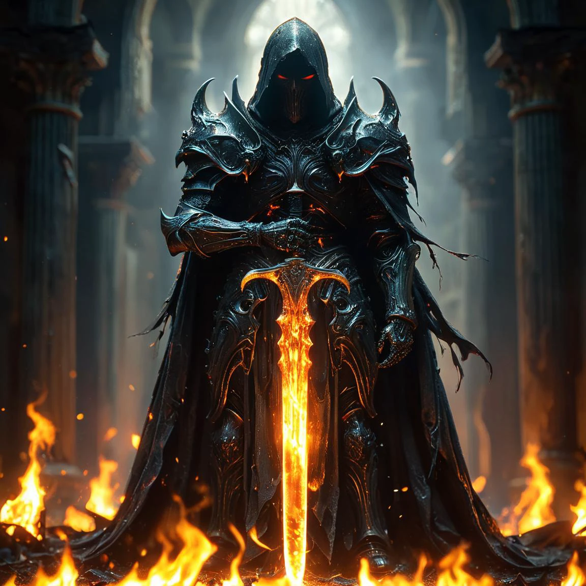 amazing quality, masterpiece, best quality, hyper detailed, ultra detailed, UHD, perfect anatomy, blurry background, flame environment, hall, biogas,
Carrying Death Scythe, armor, (holding Death Scythe:1.3), arm up,( faceless:1.3), mystery, phantom, broadsword,
ghost, shadow, evil, nothingness, transparent body, cloak with hat, lighting self,
<lora:HKStyle:0.75>, HKStyle,
<lora:add-detail-xl:0.85>,
<lora:quality1:0.75>,
<lora:extremely_detailed:0.65>, extremely detailed,
<lora:ral-blacklight-sdxl:0.7>, ral-blacklight,
