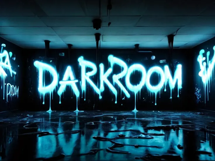 "DARKROOM" text logo <lora:Harrlogos_v2.0:0.95> closeup wonky view, ral-blacklight bold blockletters wildstyle graffiti in a dark room full of black light, neon ral-blacklight, dripping <lora:ral-blacklight-sdxl:1> ral-blacklight