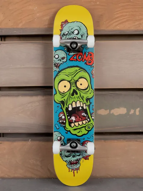 EdobSkate,skateboard with intricate a comical zombie apocalypse theme, featuring cartoon zombies on skateboards, set in a post-apocalyptic cityscape <lora:EdobSkate_XL_v1.0:0.8>, best quality, uhd, 8k, detailed