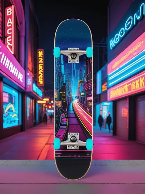 EdobSkate, kateboard with a vibrant cyberpunk cityscape design, neon lights, and futuristic elements, set against the backdrop of a bustling neon-lit street at night <lora:EdobSkate_XL_v1.0:0.8>, best quality, uhd, 8k, detailed