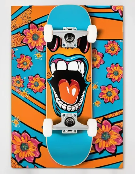 EdobSkate, border, teeth, holding camera, flower, ground vehicle, blue background, colored skin, white border, smile, still life, blue eyes, bow, camcorder, fangs, reflection, 1boy, mustache, orange background, fangs, tentacles, rose, orange background, explosion, male focus, open mouth, mustache, blonde hair, robot, border,<lora:EdobSkate_XL_v1.0:0.8>