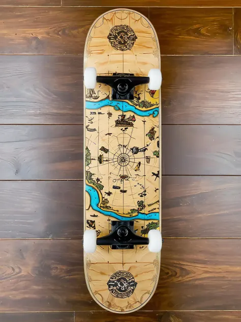 EdobSkate,skateboard designed to look like an old pirate treasure map, complete with 'X' marks the spot, set against a tropical island background <lora:EdobSkate_XL_v1.0:0.8>, best quality, uhd, 8k, detailed