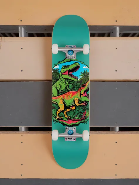 EdobSkate,skateboard with intricate playful illustrations of dinosaurs skateboarding, with a prehistoric jungle skate park in the background <lora:EdobSkate_XL_v1.0:0.8>, best quality, uhd, 8k, detailed