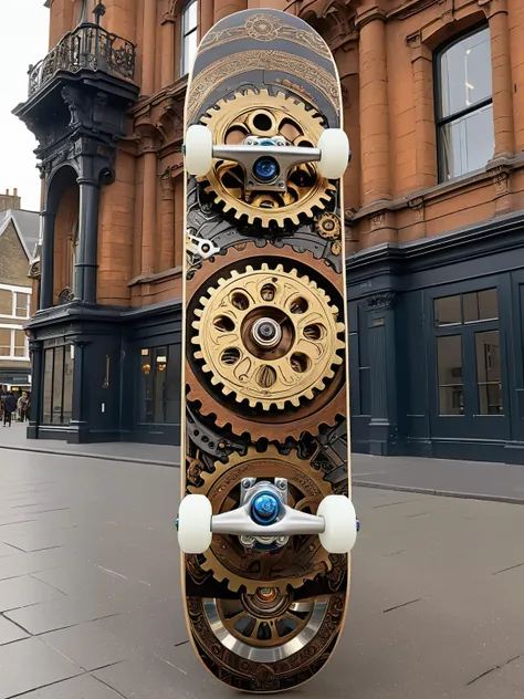 EdobSkate,skateboard with intricate steampunk gears and machinery design, placed in a Victorian-era cityscape with steam-powered machinery <lora:EdobSkate_XL_v1.0:0.8>, best quality, uhd, 8k, detailed