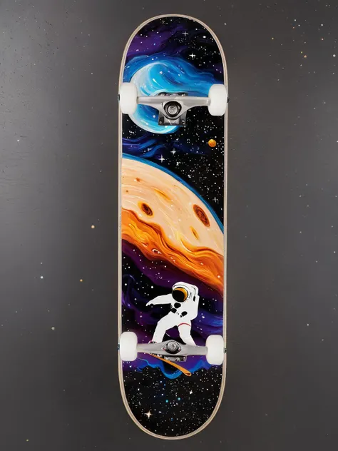 EdobSkate,skateboard with a deep space theme, featuring galaxies, nebulas, and stars, placed on a background of an astronaut skating in zero gravity among the stars <lora:EdobSkate_XL_v1.0:0.8>, best quality, uhd, 8k, detailed