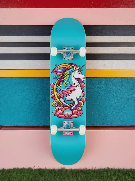 EdobSkate, skateboard with intricate a fun design of mythical creatures like unicorns and dragons skateboarding, against a whimsical fantasy land background <lora:EdobSkate_XL_v1.0:0.8>, best quality, uhd, 8k, detailed