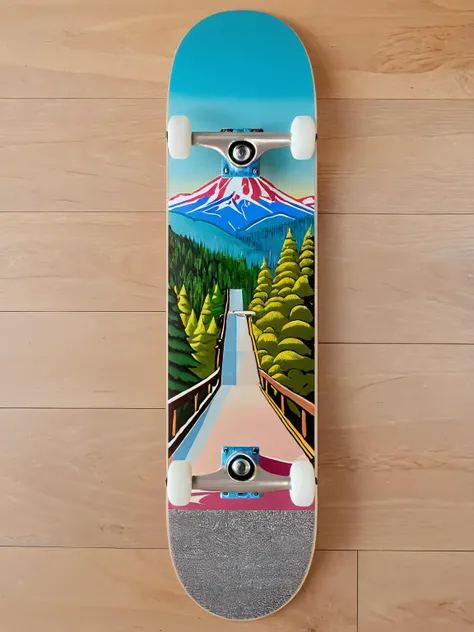 EdobSkate,skateboard adorned with a detailed nature scene, including mountains, forests, and wildlife, with a background of a serene mountain path ideal for skating <lora:EdobSkate_XL_v1.0:0.8>, best quality, uhd, 8k, detailed