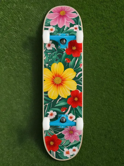 EdobSkate, skateboard decorated with elegant floral patterns, set against a background of a lush garden in full bloom <lora:EdobSkate_XL_v1.0:0.8>, best quality, uhd, 8k, detailed