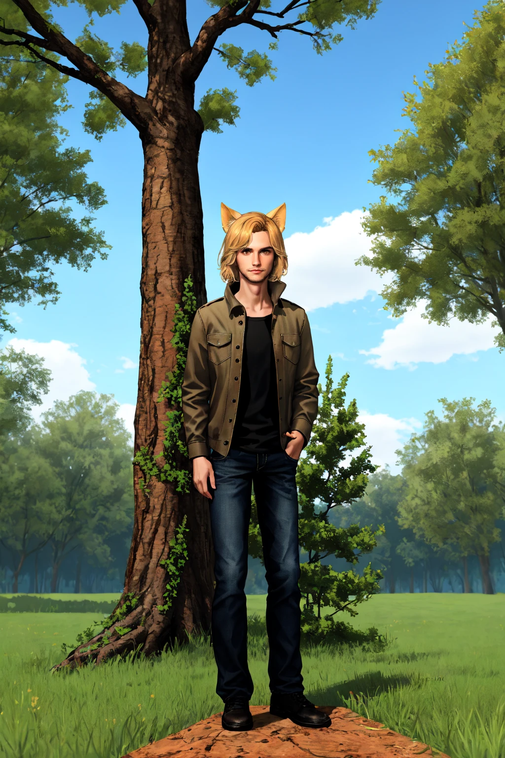 <lora:Phoenix_Montoya-TeST:0.4> Phoenix Montoya,male focus, brown eyes,solo , blonde hair, cat ears, animal ears, day, looking at viewer,full body, leaning on a tree, standing, outdoors, sky,