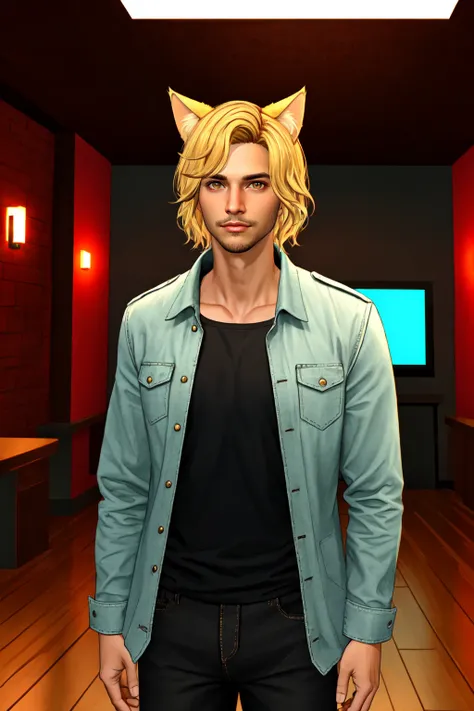 <lora:Phoenix_Montoya-TeST:0.4> Phoenix Montoya,male focus, brown eyes,solo ,  blonde hair, cat ears, animal ears,looking at viewer, indoors, neon theme