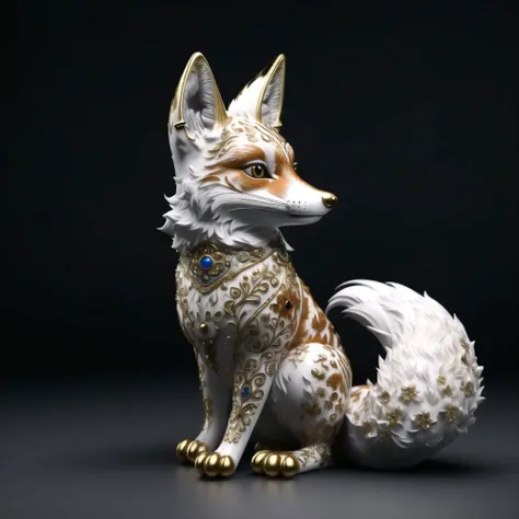 <lora:porcelain_gzhel:1.0>, (porcelain, Gzhel, rococo:1.0), Fox - A small, nimble animal with reddish-orange fur, a bushy tail, and pointy ears.