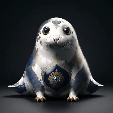<lora:porcelain_gzhel:1.0>, (porcelain, Gzhel, rococo:1.0), Seal - A sleek, blubbery mammal with short, flippers, and large, soulful eyes.