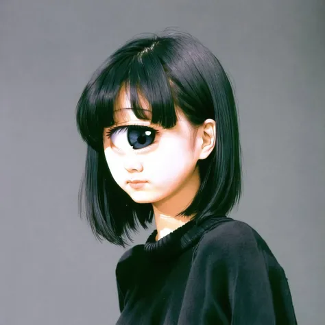 <lora:japanese80s:1> japanese80s, photo \(medium\),
<lora:cyclops_retro_ham_avas_jun_rifl-08-02--rifl-09-01:1>, cyclop, masterpiece, best quality, 1girl, solo, black eyes, black hair, black sweater, bob cut, closed mouth, medium hair, simple background