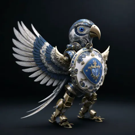 <lora:porcelain_gzhel:1.0>, (porcelain, Gzhel, rococo:1.0), arm blade, blue eyes, grey background, highres, looking down, mecha, mobile suit, nanao parakeet, no humans, science fiction, shadow, shield, solo, v-fin, weapon