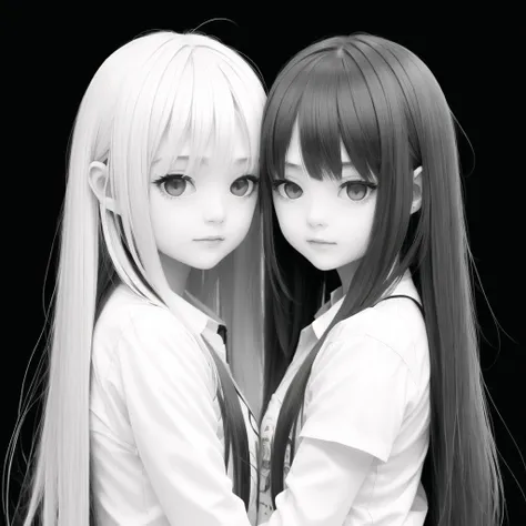 10s, 2girls, comic, long hair, monochrome, multiple girls, simple background, yuri