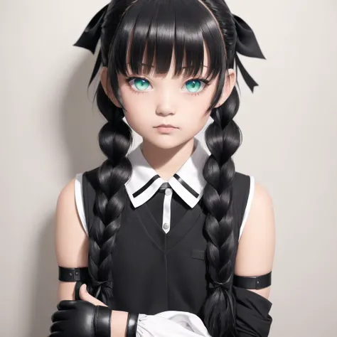 1girl, bangs, black gloves, black ribbon, black serafuku, blue eyes, braid, elbow gloves, gloves, green hair, green neckerchief, hair between eyes, hair flaps, hair ribbon, neckerchief, parted bangs, ponytail, ribbon, school uniform, serafuku, side braids, sidelocks, solo, twin braids, upper body, wrist cuffs