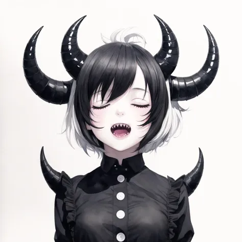 1girl, arms under breasts, black horns, buttons, closed eyes, demon girl, horns, limited palette, open mouth, painting \(medium\), sharp teeth, short hair, smile, teeth, traditional media, watercolor \(medium\), white background, white hair