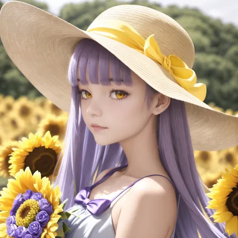 1girl, bare arms, blue ribbon, bouquet, bow, collarbone, dress, flower, grey dress, hat, hat bow, holding, holding bouquet, long dress, long hair, looking at viewer, purple bow, purple hair, ribbon, sleeveless, sleeveless dress, solo, standing, straight hair, straw hat, sun hat, sundress, sunflower, very long hair, yellow eyes, yellow flower, yellow headwear