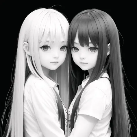 10s, 2girls, comic, long hair, monochrome, multiple girls, simple background, yuri