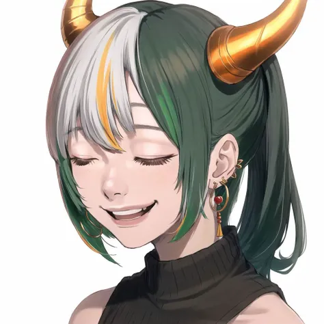 <lora:nugochan:1.0>, (nugochan:1.0), drawing, bags under eyes, 1girl, aliza \(katzud0n\), bare arms, bare shoulders, closed eyes, club, collarbone, curled horns, earrings, english commentary, eyebrows visible through hair, facing viewer, fingernails, green hair, grin, hair ornament, hair stick, hand up, head tilt, high ponytail, highres, holding, holding weapon, hoop earrings, horns, japanese clothes, jewelry, kanabou, kataginu, light blush, long hair, multicolored horns, oni, orange horns, red horns, rope, shimenawa, sidelocks, simple background, smile, solo, upper body, weapon, white hair, yellow background