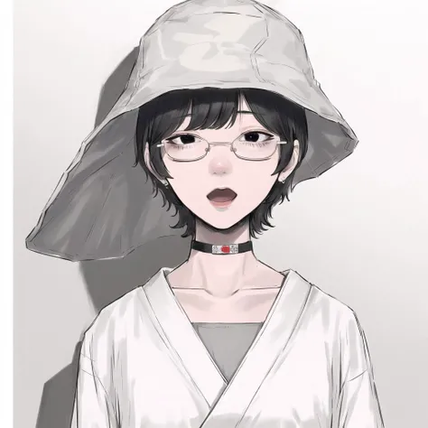 <lora:nugochan:1.0>, (nugochan:1.0), drawing, bags under eyes, 1boy, 1girl, choker, collarbone, comic, cup, glasses, hat, highres, japanese clothes, kourindou, long sleeves, monochrome, newspaper, obi, open mouth, short hair, sweatdrop