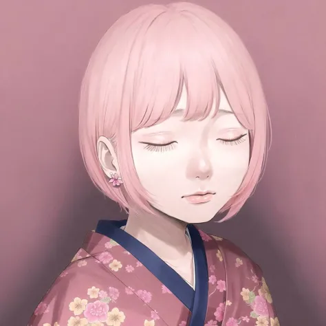 <lora:nugochan:1.0>, (nugochan:1.0), drawing, bags under eyes, blush, butterfly, closed eyes, japanese clothes, kimono, pink hair, short hair