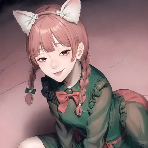 <lora:nugochan:1.0>, (nugochan:1.0), drawing, bags under eyes, 1girl, ;\), animal ears, bangs, black bow, blush, bow, braid, cat ears, closed mouth, dress, extra ears, foreshortening, full body, green dress, hair bow, juliet sleeves, konnyaku \(yuukachan 51\), legs crossed, long sleeves, looking at viewer, one eye closed, puffy sleeves, red eyes, redhead, sitting, skull, smile, solo, twin braids
