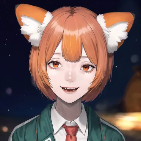 <lora:nugochan:1.0>, (nugochan:1.0), drawing, bags under eyes, 1girl, animal ear fluff, animal ears, hair ornament, hairclip, highres, jacket, long sleeves, looking at viewer, necktie, night199812, open mouth, orange neckwear, red eyes, red panda ears, red panda tail, simple background, smile, solo, stuffed dinosaur, two side up, v, virtual youtuber, x hair ornament