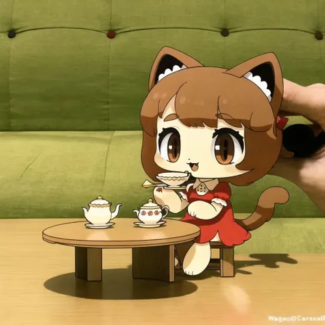 <lora:wasu:1>, pepako, person holding a paper cut doll, animal ears, arms up, brown eyes, brown hair, cat ears, cat tail, cup, dress, ear piercing, eating, fang, food, food on face, hat, looking at viewer, multiple tails, open mouth, piercing, pillow, red dress, short hair, sitting, solo, tail, taiyaki, teacup, teapot, tray, wagashi