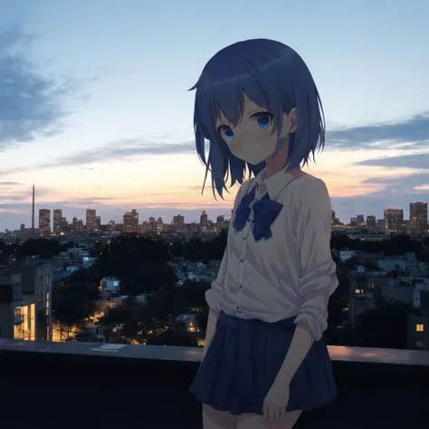<lora:anime_irl:1>, anime_irl,  a man standing on a ledge in the city at night with a cityscape in the background and a cityscape in the foreground, blue, blue eyes, blue hair, bow, character name, hair bow, short hair, solo, wings