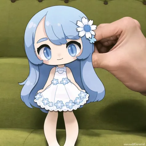 <lora:wasu:1>, pepako, person holding a paper cut doll, 1girl, bangs, bare arms, bare shoulders, barefoot, blue eyes, blue flower, blue hair, blush, chibi, closed mouth, dress, flower, forehead, highres, long hair, parted bangs, sleeveless, sleeveless dress, smile, solo, standing, standing on one leg, very long hair, white dress
