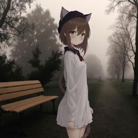 <lora:anime_irl:1>, anime_irl, a walkway with a light on a foggy night in the park with a bench and lampposts, 1girl, alternate tail, animal ears, blush, brown eyes, brown hair, cat ears, cat tail, cowboy shot, dress, eyebrows visible through hair, green headwear, hair between eyes, hat, highres, holding tail, long sleeves, looking at viewer, medium hair, mob cap, red dress, shirt, solo, tail, ttrta0201, white background, white shirt