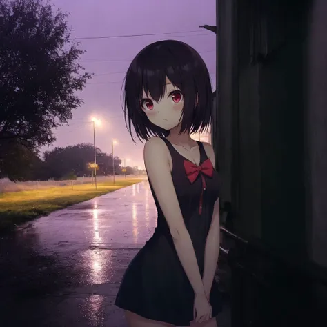 <lora:anime_irl:1>, anime_irl,  a dark room with a window and a car parked in the rain at night time, with a street light in the distance, 1girl, :t, alternate costume, asymmetrical wings, black hair, bow, breasts, clenched hand, dress, gradient, gradient background, highres, looking at viewer, pout, red eyes, shadow, short hair, simple background, solo, sundress, wings