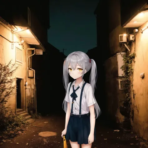 <lora:anime_irl:1>, anime_irl, a narrow alley way with a no parking sign on it at night time, with a yellow light on the side of the alley, 1girl, bad anatomy, bad proportions, hairband, light smile, long hair, lying, poorly drawn, silver hair, stuffed animal, stuffed toy, suspenders, teddy bear, twintails, two side up, yellow eyes