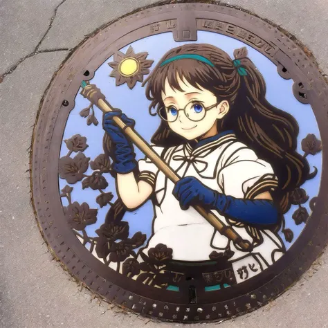 <lora:japanese_manhole_t2:1.0>,  (japanese_manhole:1.0), colored metal, colorless metal, a manhole cover,  1girl, blue eyes, brown hair, glasses, gloves, long hair, smile, staff