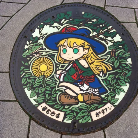 <lora:japanese_manhole_t2:1.0>,  (japanese_manhole:1.0), colored metal, colorless metal, a manhole cover,  bare shoulders, blonde hair, blue eyes, boots, breasts, broom, cloud, detached sleeves, frog, green eyes, green hair, hat, large breasts, leaf, long hair, long skirt, mary janes, multiple girls, outdoors, shoes, short hair, skirt, skirt set, smile, snake, squatting, sunset, sweeping, wide sleeves