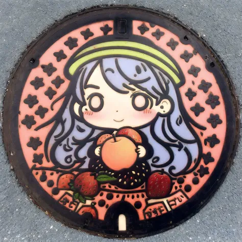 <lora:japanese_manhole_t2:1.0>, (japanese_manhole:1.0), colored metal, colorless metal, a manhole cover, 1girl, blue hair, blush, food, fruit, hat, long hair, peach, red eyes, slime, solo, sweat
