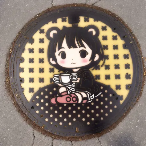 <lora:japanese_manhole_t2:1.0>, (japanese_manhole:1.0), colored metal, colorless metal, a manhole cover, 1girl, animal ears, bear ears, black eyes, blush, brown hair, cup, cutting board, food, holding cup, hoodie, knees up, lying, minigirl, polka dot, polka dot legwear, red legwear, short hair, socks, solo, somemachi