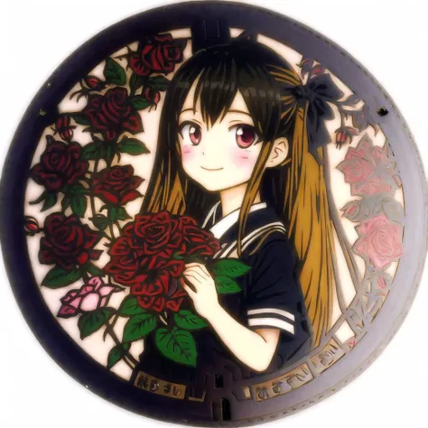 <lora:japanese_manhole_t2:1.0>, (japanese_manhole:1.0), colored metal, colorless metal, a manhole cover, 1girl, ahoge, asymmetrical clothes, black ribbon, black serafuku, bouquet, brown eyes, eyebrows visible through hair, flower, gradient hair, hair between eyes, hair ribbon, heterochromia, highres, holding, holding bouquet, ieufg, light brown hair, long hair, looking at viewer, multicolored hair, red eyes, remodel \(kantai collection\), ribbon, rose, school uniform, serafuku, smile, solo, twintails, two side up, upper body
