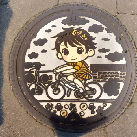 <lora:japanese_manhole_t2:1.0>, (japanese_manhole:1.0), colored metal, colorless metal, a manhole cover, 1boy, 1girl, belt, bike shorts, brown eyes, brown hair, hair ornament, hairclip, highres, outdoors, pants, school uniform, shirt, shorts under skirt, skirt