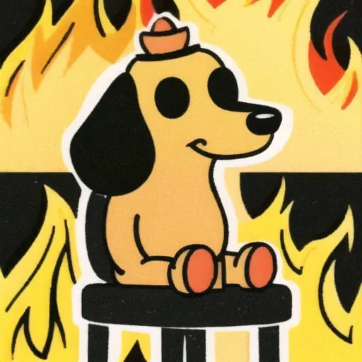 <lora:itsfine:0.7>,  itsfine, 
<lora:soviet_matchbox_art_text_free_v2:1.0> , soviet_matchbox_art, stamp, halftone,  
itsfine, a dog sitting in a chair in front of a fire, cup of coffee on table, heavy fire on the background, meme in distress
