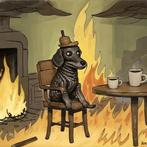 <lora:itsfine:0.7>,  itsfine, 
<lora:arielp:1.0>, (arielpstyle:1.0), dark, horror, creepy, creepy-looking, painting, lovecraftian, grease, painting \(medium\), drawing, brush stroke, 
itsfine, a dog sitting in a chair in front of a fire, cup of coffee on table, heavy fire on the background, meme in distress