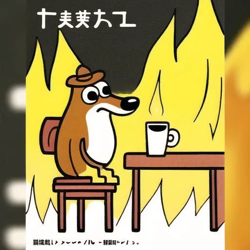 <lora:itsfine:0.7>,  itsfine, 
<lora:oldjapcover:1>, oldjapcover, book cover, poster, drawing, japanese text, book with a,
itsfine, a dog sitting in a chair in front of a fire, cup of coffee on table, heavy fire on the background, meme in distress